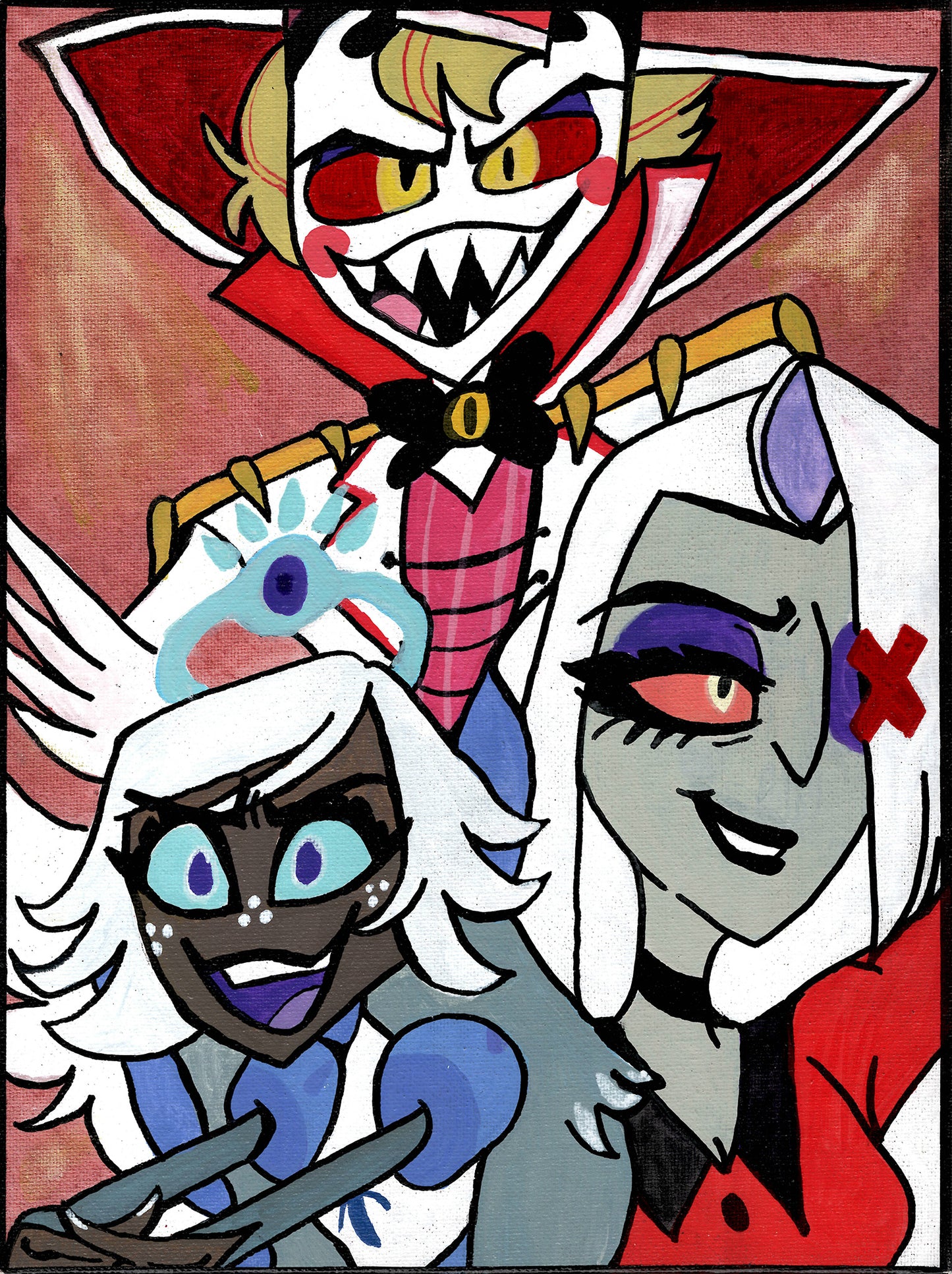 “Charlie’s Angels” 😇 – Emily, Lucifer, and Vaggie (Hazbin Hotel) – 9" x 12" Original Hand‑Painted Fan Art Collage
