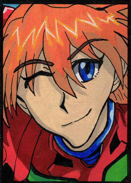 Asuka Langley – Neon Genesis Evangelion – 5" x 7" Original Canvas Panel Fan Art – The Playful Wink ✨