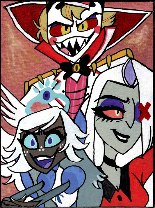 “Charlie’s Angels” 😇 – Emily, Lucifer, and Vaggie (Hazbin Hotel) – 9" x 12" Original Hand‑Painted Fan Art Collage