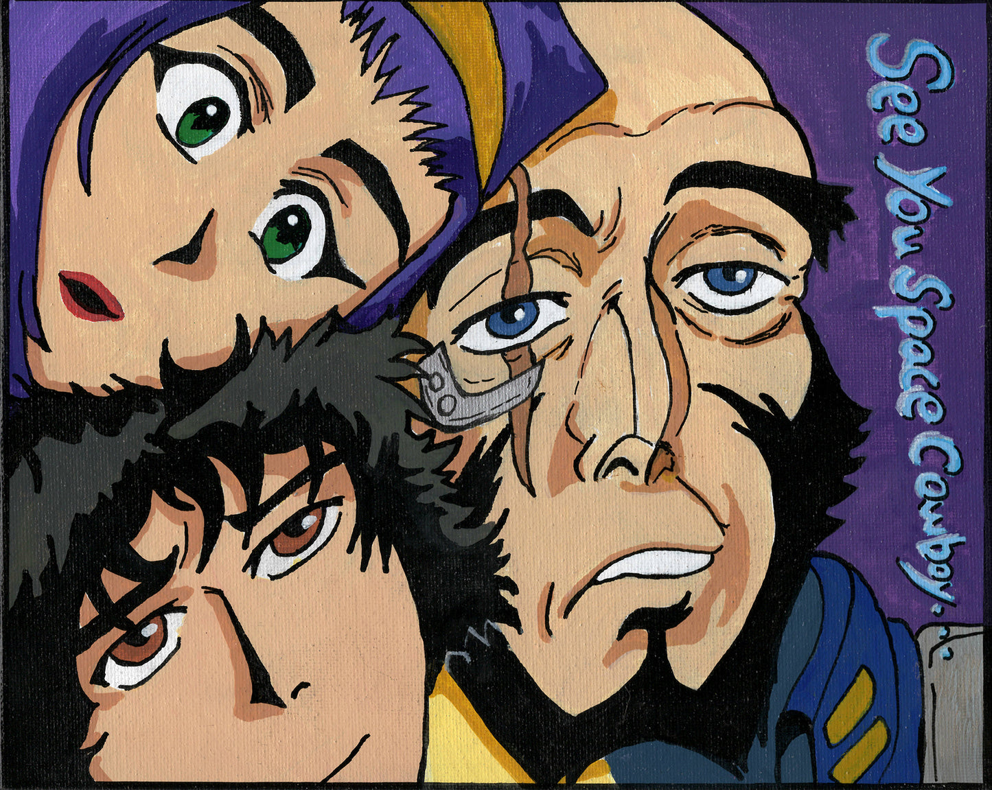 Faye Valentine, Jet Black, and Spike Spiegel 🌵 (Cowboy Bebop) – 8" x 10" Original Hand‑Painted Fan Art