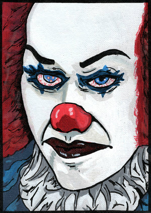 Pennywise – IT (1990) – 5" x 7" Original Canvas Panel Fan Art – Harlequin Horror in Deadlights 🎈
